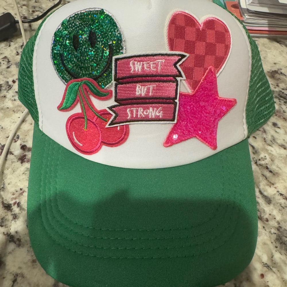 Green and White trucker hat with Fun Patches
